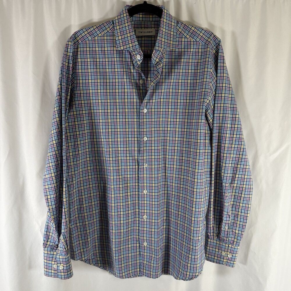 Twillory Dress Shirt Men's 16 Blue Plaid Long Sleeve Collared Button Up